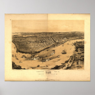 Poster Nova Orleães Louisiana 1851 mapas panorâmicos