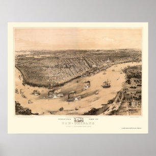 Poster Nova Orleães, mapa panorâmico do LA - 1851