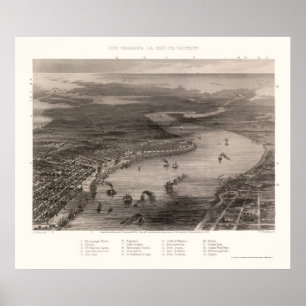 Pôster Nova Orleães, mapa panorâmico do LA - 1863