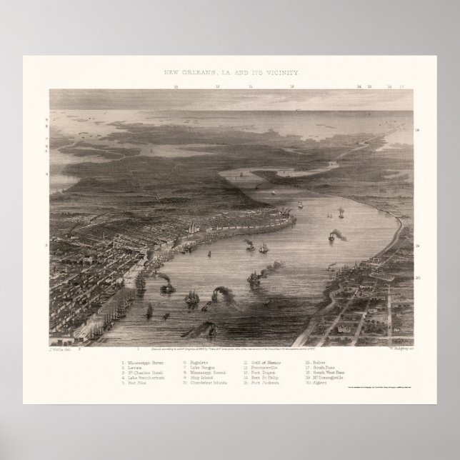 Pôster Nova Orleans, Mapa Panorâmico LA - 1863 (Frente)