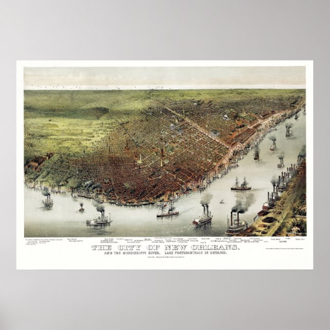 Poster Nova Orleans, Mapa Panorâmico LA - 1885 (Frente)
