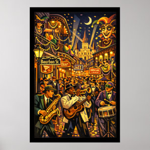 Poster Nova Orleans no Mardi Gras Estilo Art Déco Retro