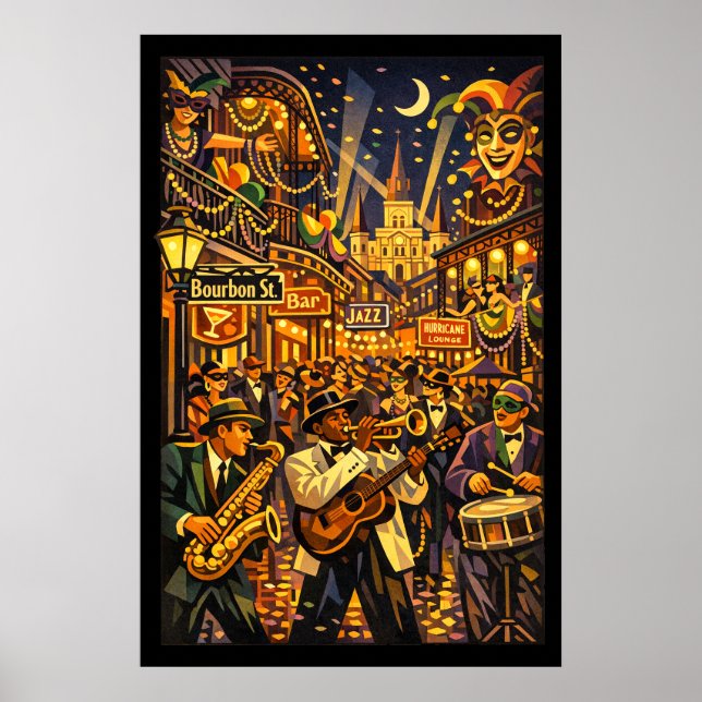 Poster Nova Orleans no Mardi Gras Estilo Art Déco Retro (Frente)