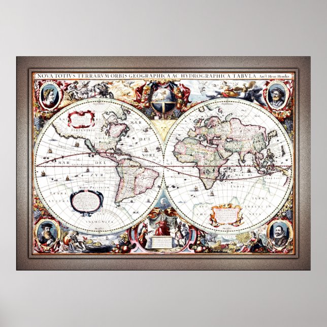 Poster Nova Totius Terrarum Orbis por Henricus Hondius II (Frente)