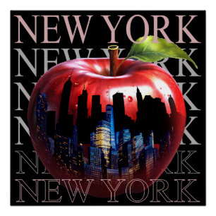 Pôster Nova York A Grande Maçã Fruta Silhueta Cidade