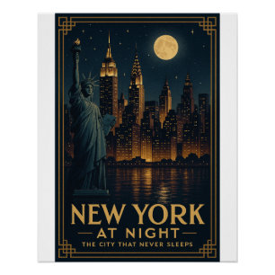 Pôster Nova York à Noite Retrô Skyline – Cidade Vintage