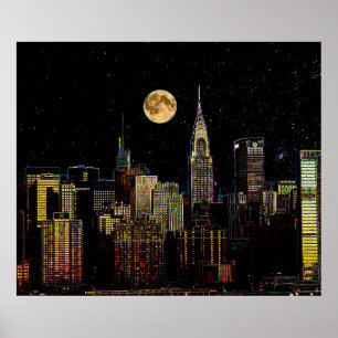 Poster Nova York Skyline À Noite Com Lua Cheia