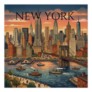 Pôster Nova York Skyline Viagem Arte Vintage