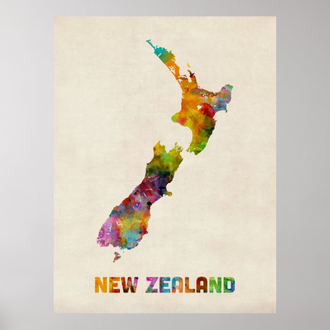 Pôster Nova Zelândia, Watercolor Map (Frente)