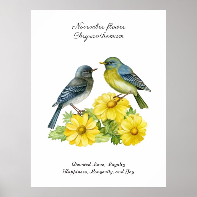 Poster Novembro Nascimento Mês Flor Pássaros Chrysanthemu (Frente)