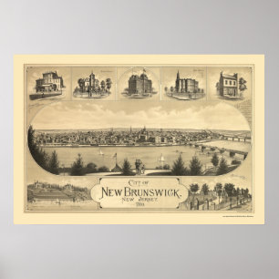 Pôster Novo Brunswick, mapa panorâmico de NJ - 1880