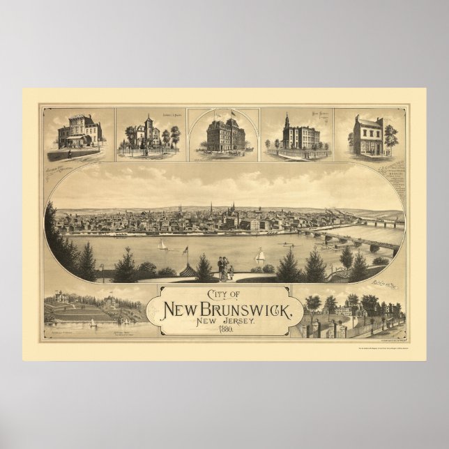Pôster Novo Brunswick, Mapa Panorâmico do NJ - 1880 (Frente)