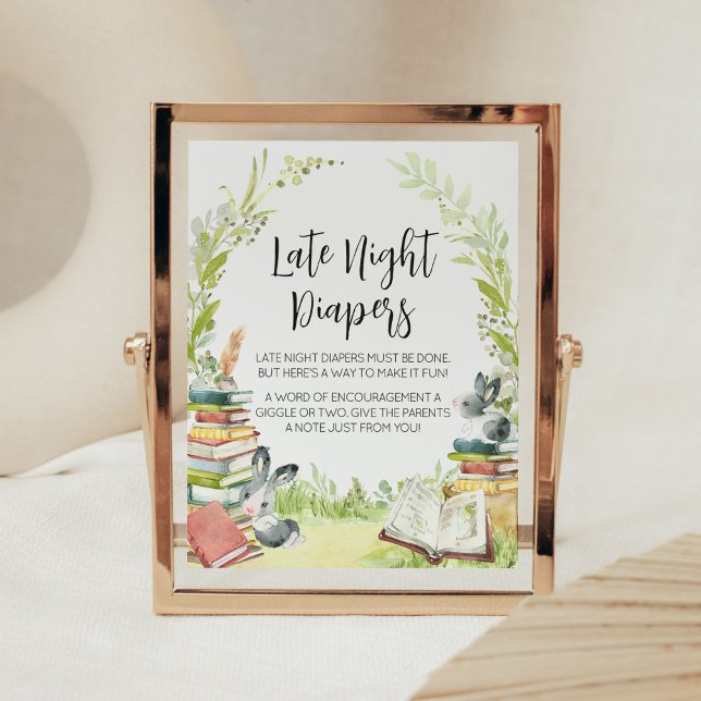 Poster Novo capítulo do Storybook Fraldas noturnas tardia (Vintage Storybook Rabbit Baby Shower Late Night Diapers Sign)