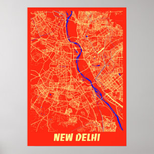 Poster Novo Mapa de Nova Deli - Índia Retro City