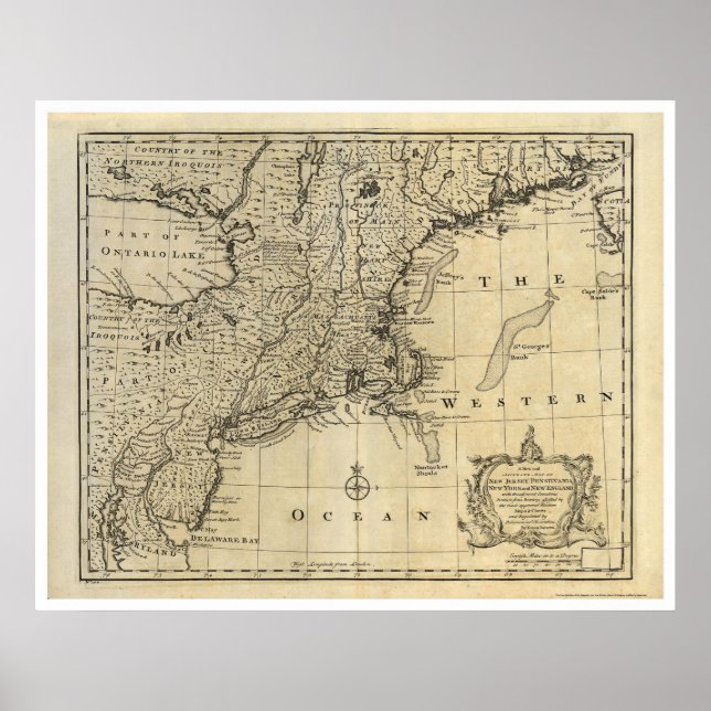 Pôster Novo Mapa de Nova Jersey, Nova Iorque, 1747 (Frente)