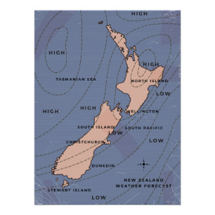 Pôster novo mapa meteorológico de zealand Vintage