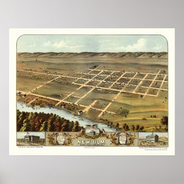 Pôster Novo Ulm, Mapa Panorâmico MN - 1870 (Frente)