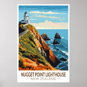 Poster Nugget Point Lighthouse Nova Zelândia Viagem Vinta