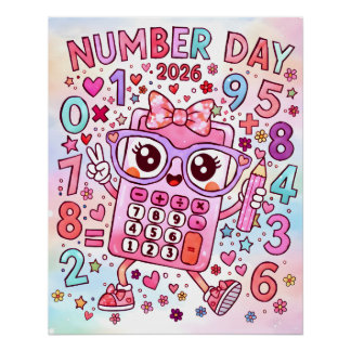 Pôster Number Day 2026 Cute Pink Calculator Math Design