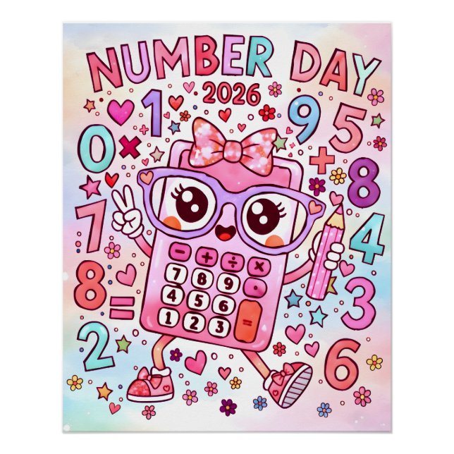 Pôster Number Day 2026 Cute Pink Calculator Math Design (Frente)