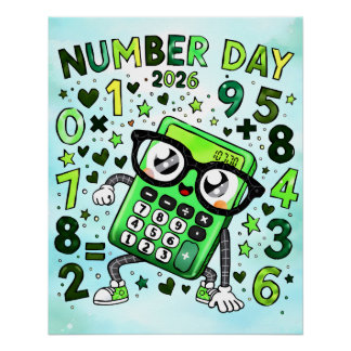 Pôster Number Day 2026 Green Calculator Math Design