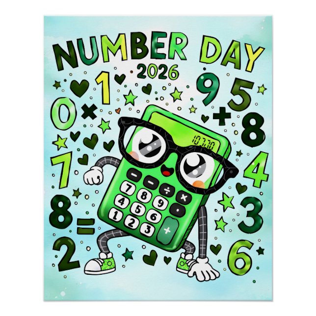 Pôster Number Day 2026 Green Calculator Math Design (Frente)