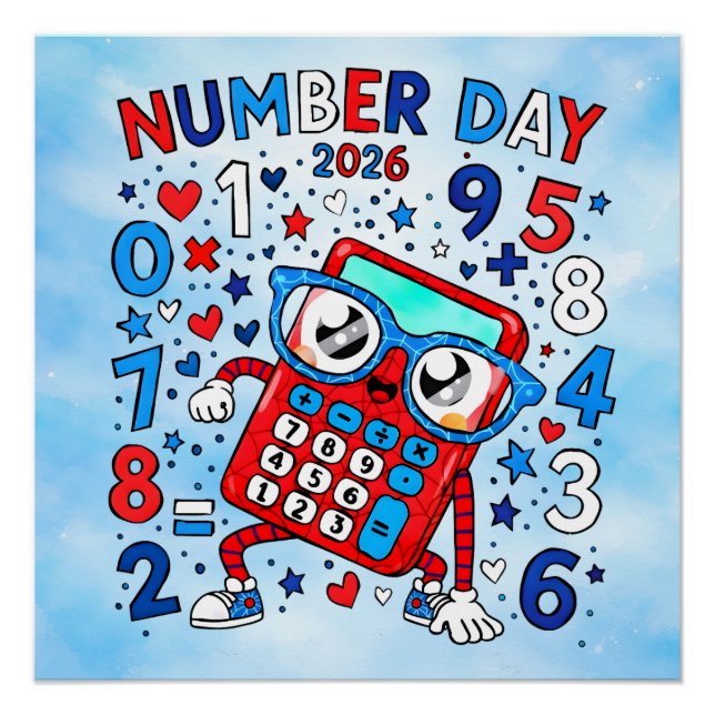 Pôster Number Day 2026 Red Calculator Math Design (Frente)