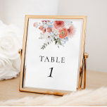 Poster Número da Tabela Floral do Pêssego Azul Dusty<br><div class="desc">Sinal de número da mesa do buquê floral elegante com flores azuis empoeiradas e cor de pêssego.</div>