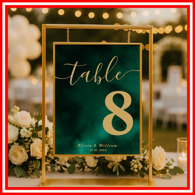 Poster Número de Mesa de Casamento Esmeralda Verde e Dour (Criador carregado)