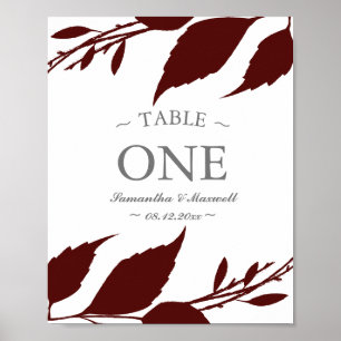 Poster Número de Mesa Folhas de Bordô da Folhagem de Outo