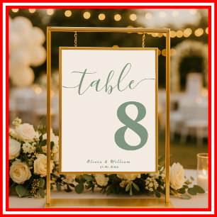Poster Número de Mesa FOTO de Casamento em Verde Salvia