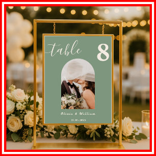 Poster Número de Mesa FOTO de Casamento em Verde Salvia