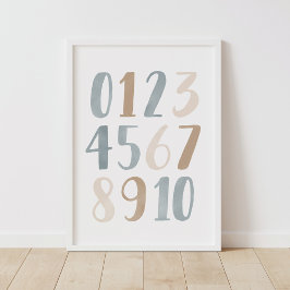 Poster Números de Aquarela Azul Decoração de Berçário de
