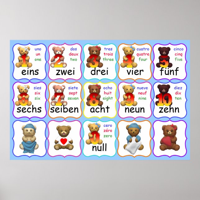 Pôster Números de Urso Educação, Números, Inglês, Francês (Frente)