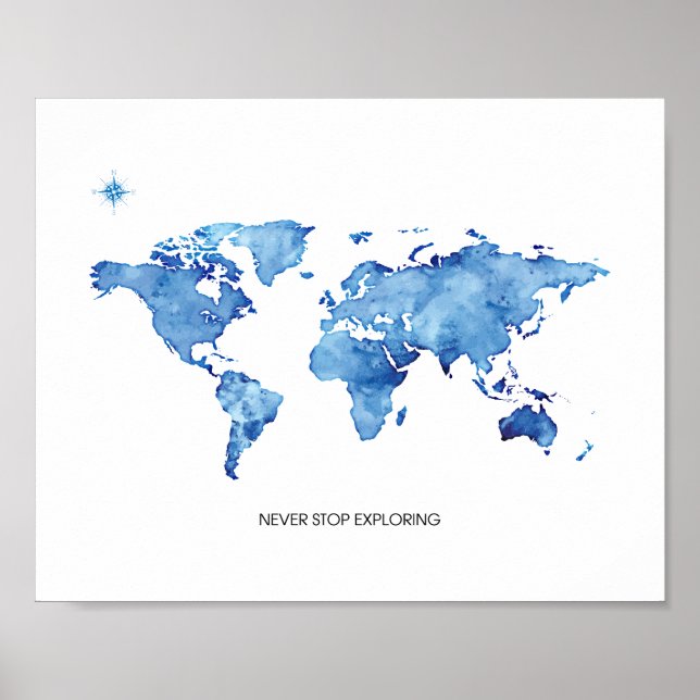 Pôster Nunca Pare de Explorar Mapa Azul do Mundo Impressã (Frente)