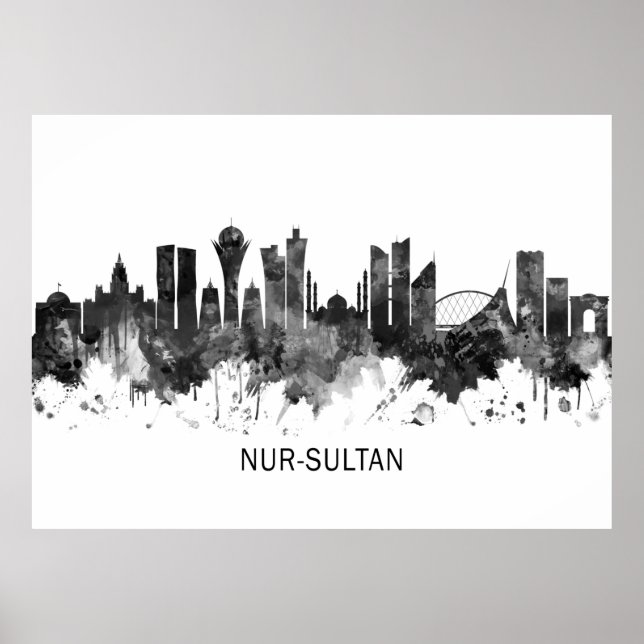 Poster Nur-Sultan Cazaquistão Skyline BW (Frente)