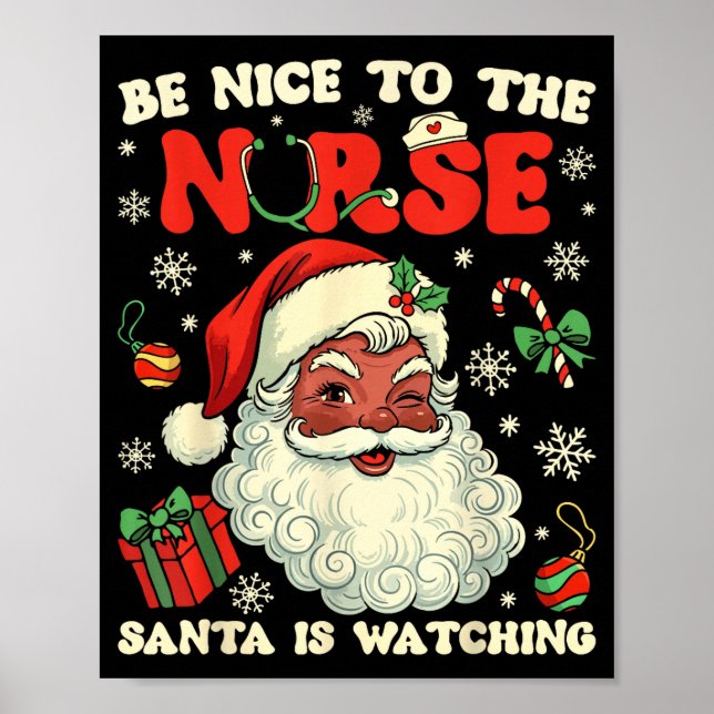 Poster Nurse Christmas African American Santa Is Watching (Frente)