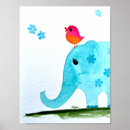 Pôster Nursert wallart_ watercolor Elefante e pássaro ros