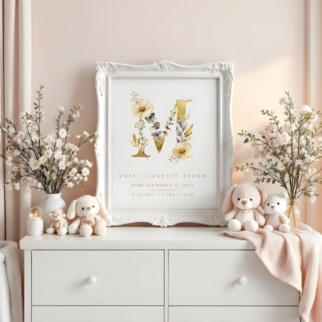 Poster Nursery Cute Romantic Floral M Letter Gold Effect (Delicate Romantic Floral M Letter in Gold Glitter Effect Posters for Nursery Decor.)
