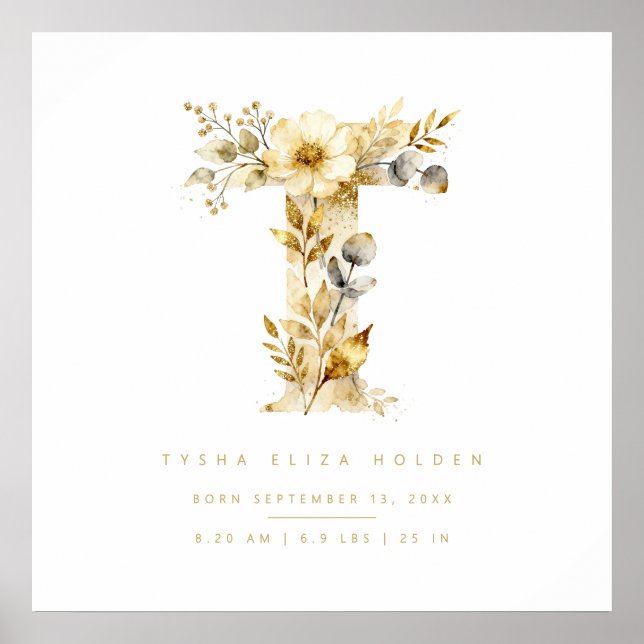 Poster Nursery Romantic Floral T Letter Gold Effect (Frente)