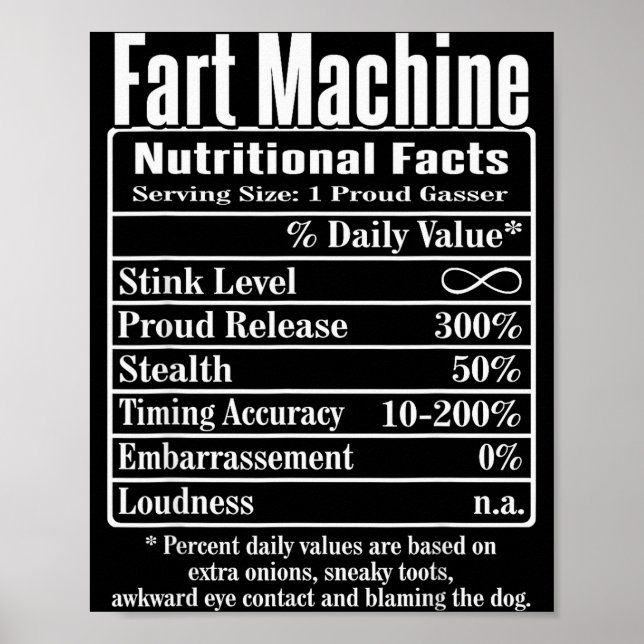 Poster Nutrion Facts Fart Machine Dad Jokes Funny Farting (Frente)