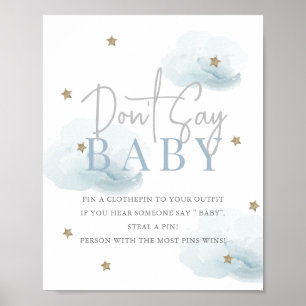 Poster Nuvem 9 Douradas estrelas Chá de fraldas azul Não