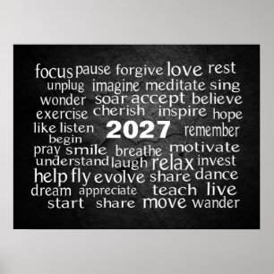 Poster Nuvem de Palavras do Ano Novo 2027 em Rocha Preta