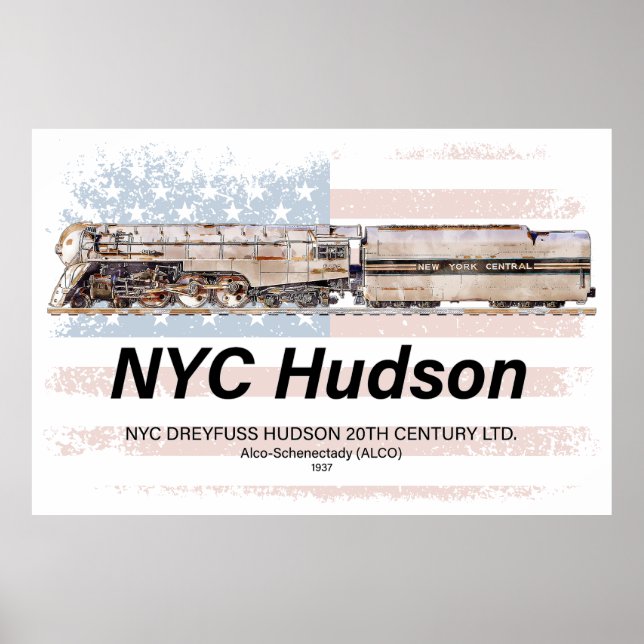 Poster NYC Dreyfuss Hudson Locomotive. American flag (Frente)