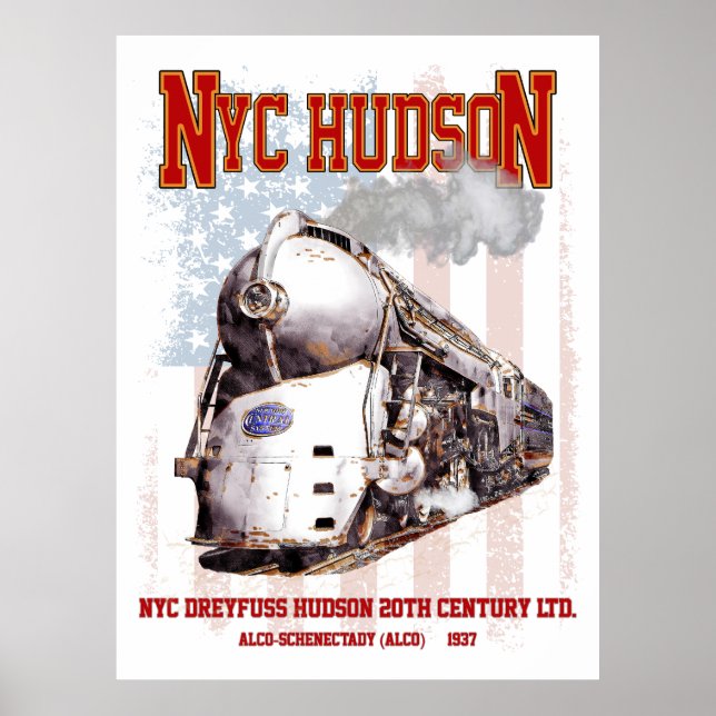 Poster NYC Dreyfuss Hudson Locomotive. American flag (Frente)