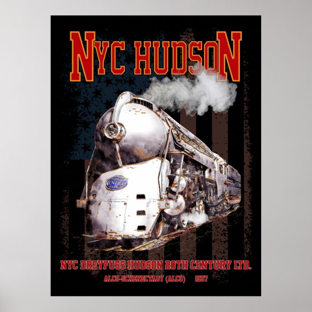 Poster NYC Dreyfuss Hudson Locomotive. American flag (Frente)