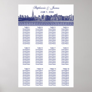 Poster NYC Wide Skyline Etch BW Blue Grego Key S