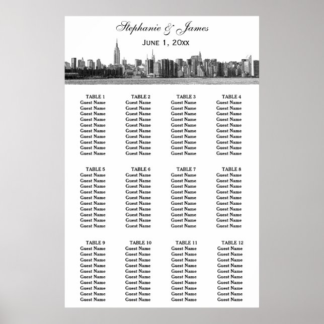 Poster NYC Wide Skyline Etch Casamento BW (Frente)