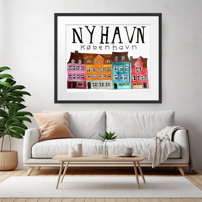 Poster NYHAVN Kobenhavn Watercolor Art Viagem (NYHAVN Kobenhavn Copenhagen Denmark Watercolor Wall Art Travel Poster)