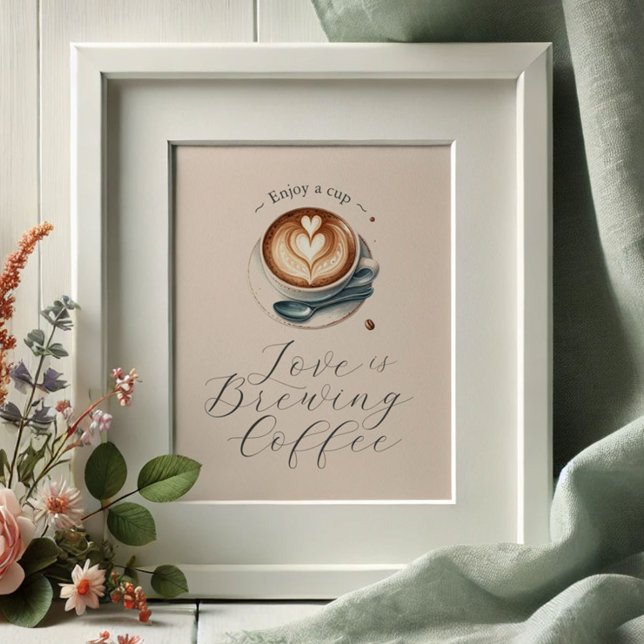 Poster O amor é criar Bar de café Chá de panela (Coffee bar sign love is brewing theme. Latte with heart shaped foam illustrated. )